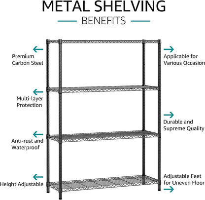 IZEUK 1400 LBS Garage Black Shelving Wide Storage Shelves 4 Tier Adjustable Heavy Duty Metal Wire