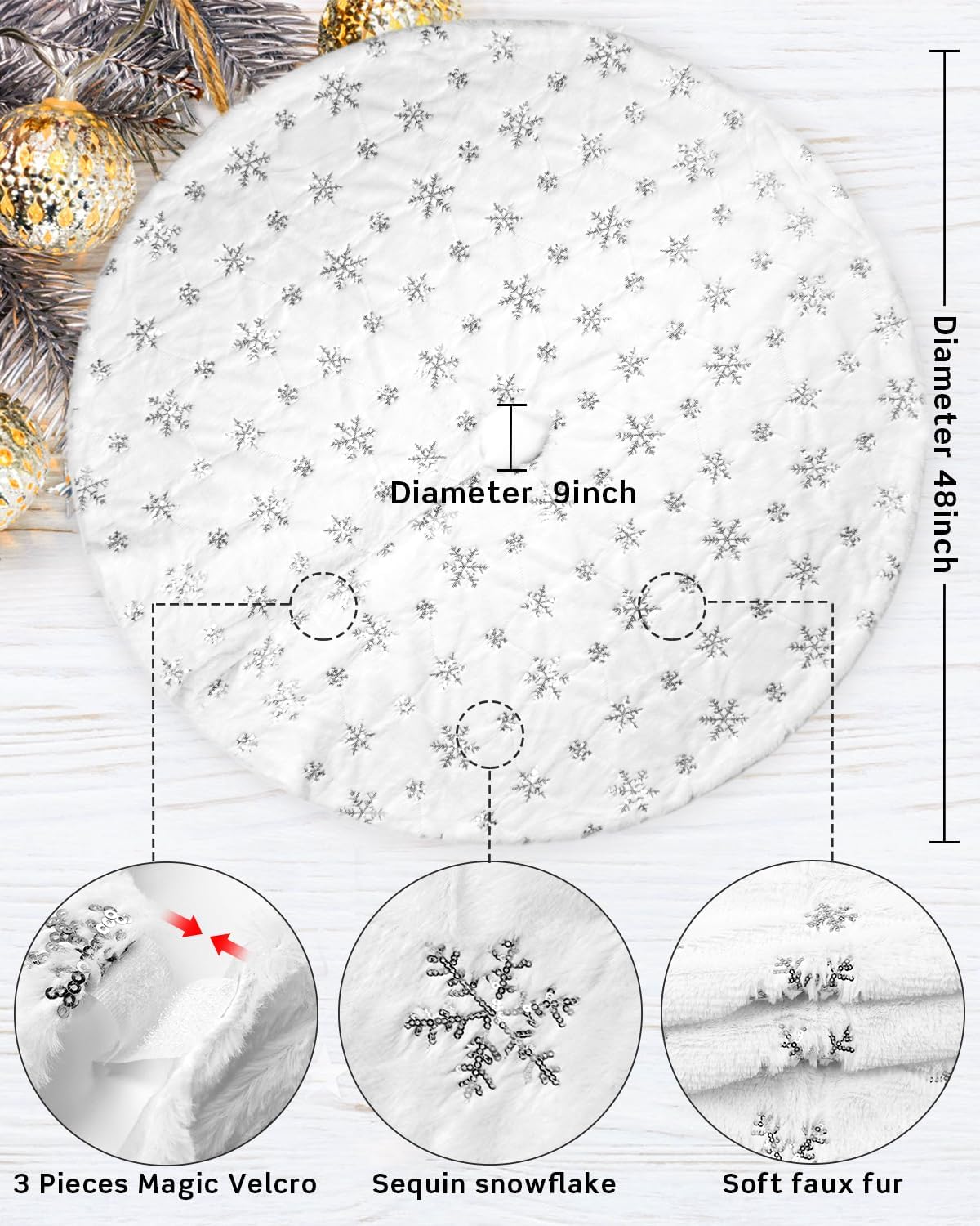 COOLWUFAN 48 Inches Christmas Tree Skirt for Xmas Tree Holiday Party Decorations White Plush Silver