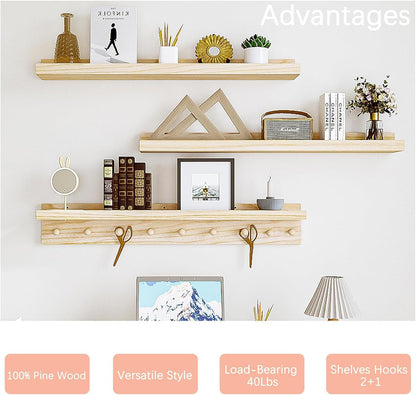 MBYD Wood Wall Shelf With Hooks Floating Shelves for Wall Bathroom Shelves Wall Mounted Nursery