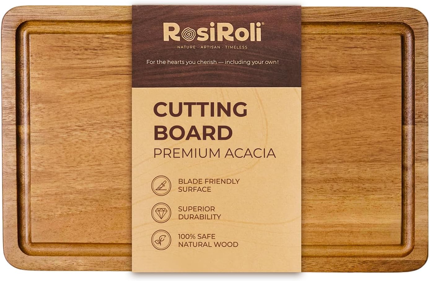 Acacia Wood Cutting Board for Kitchen - 0.8 inch Thick Wood Charcuterie Cheese Board with Side