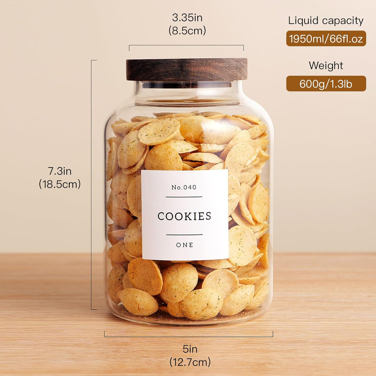 Set Of 2 Large Glass Jar with Wooden Lid with 132 Labels, Glass Storage Jars for Flour Pasta Candy