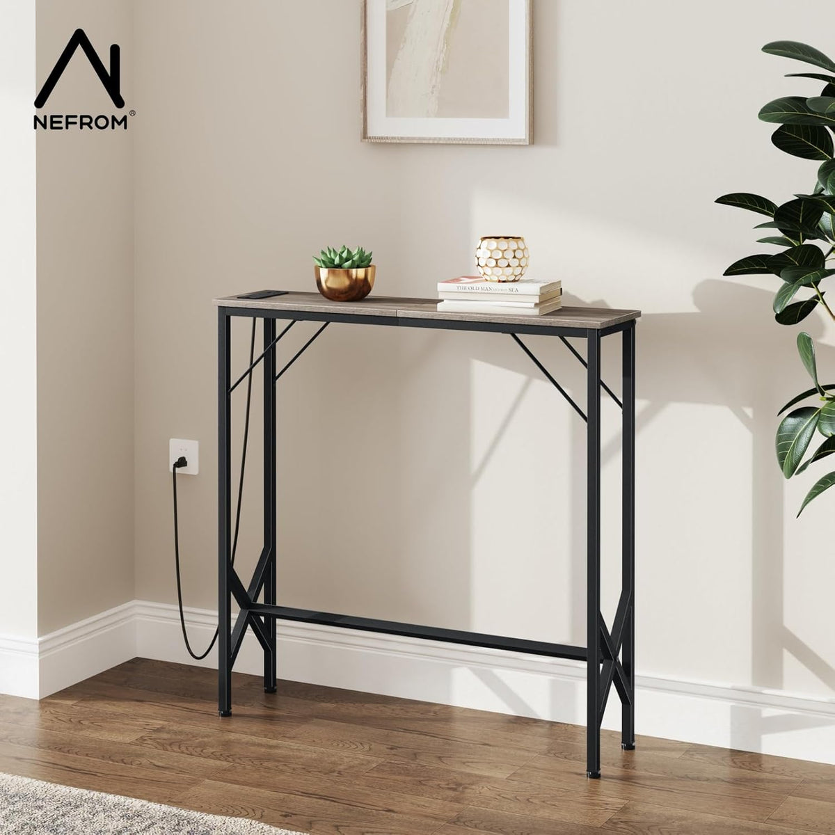 31.5‘’ Console Table, Skinny Entryway Table with Fast-Charging Station, Narrow Long Sofa Table