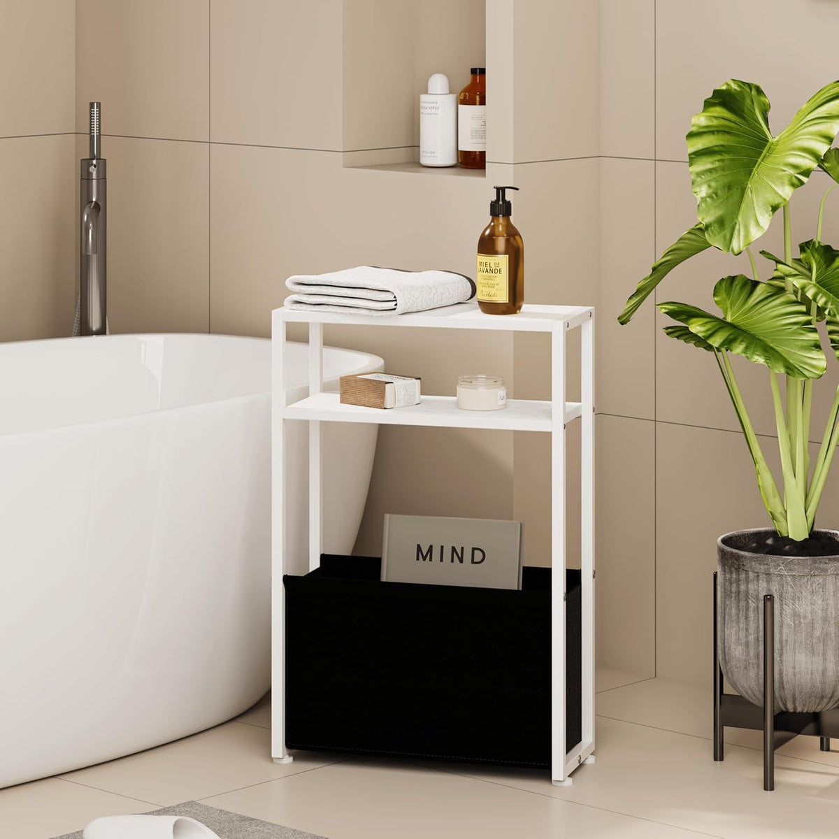 Narrow Side Table, Slim End Tables with Fabric Basket, Skinny Table for Small Spaces, Thin Bedside