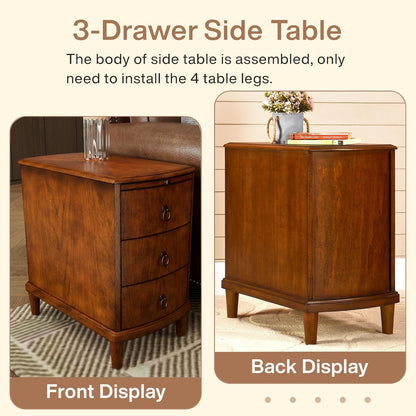 Set of 2 Solid Wood End Table with 3 Drawers, Fully Assembled Nightstand with Sliding Shelf
