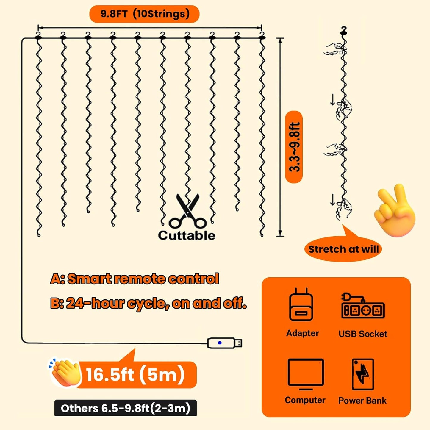 HXWEIYE 300LED Orange Fairy Curtain Lights with Remote 8 Modes Timer for Bedroom, 9.8x9.8Ft USB