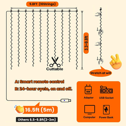 HXWEIYE 300LED Orange Fairy Curtain Lights with Remote 8 Modes Timer for Bedroom, 9.8x9.8Ft USB