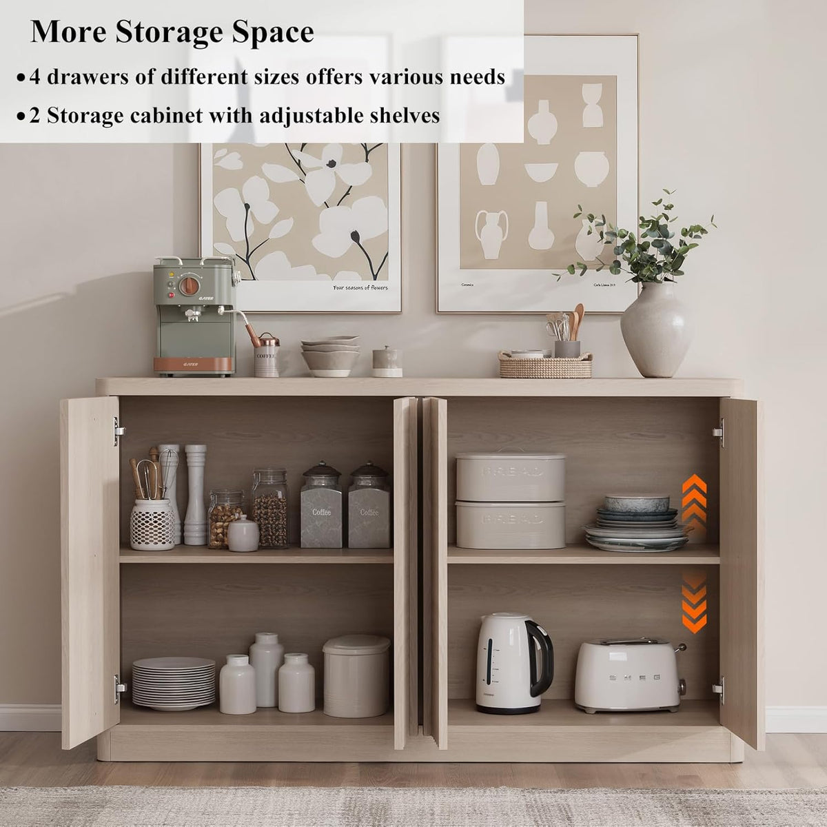 Fluted Buffet Cabinet with Storage, 120" Sideboard Buffet Storage Cabinet with 8 Doors & Solid Wood