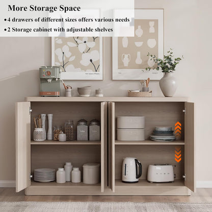 Fluted Buffet Cabinet with Storage, 60" Sideboard Buffet Accent Cabinet with 4 Door & Solid Wood