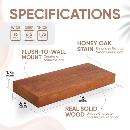 Homeforia 16 inch Oak Floating Shelf, High End Solid Real Wood 16inch Small Floating Shelves for