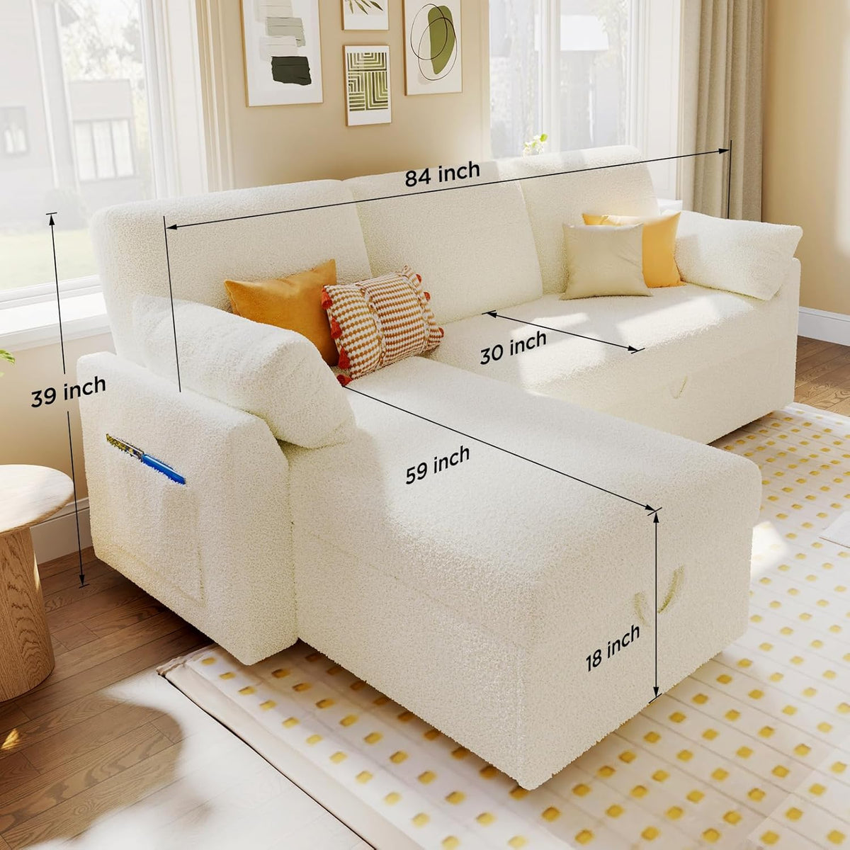 VanAcc Sofa Bed, Sleeper Sofa- 2 in 1 Pull Out Couch Bed with Storage Chaise for Living Room, White