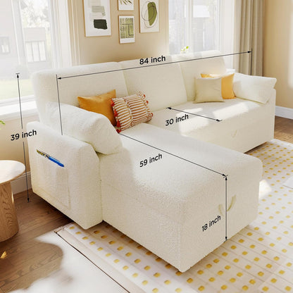VanAcc Sofa Bed, Sleeper Sofa- 2 in 1 Pull Out Couch Bed with Storage Chaise for Living Room, White