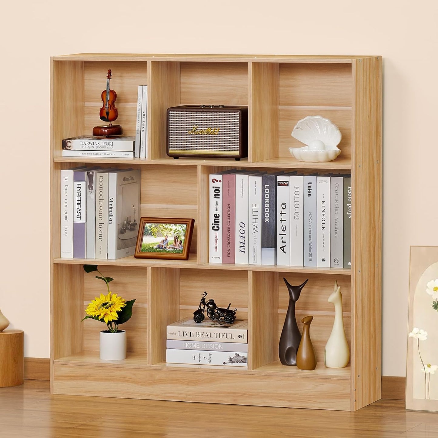 LEYAOYAO 8 Cube Bookshelf with Wood Base,Natural 3 Tier Mid-Century Modern Bookcase,Standing Wide