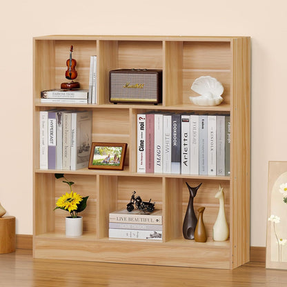 LEYAOYAO 8 Cube Bookshelf with Wood Base,Natural 3 Tier Mid-Century Modern Bookcase,Standing Wide