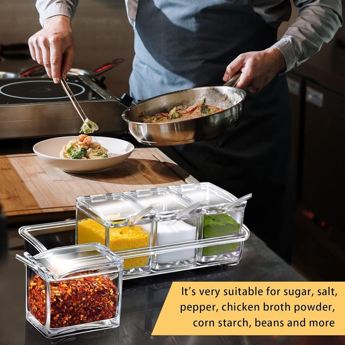 4-Cell Clear Seasoning Rack Spice Box, Storage Container Condiment Jars Acrylic Seasoning Box with