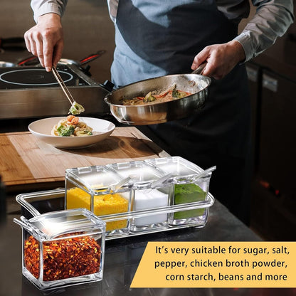 4-Cell Clear Seasoning Rack Spice Box, Storage Container Condiment Jars Acrylic Seasoning Box with