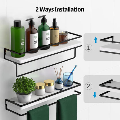 Meangood Floating Shelves Wall Mounted Set of 2, Wall Shelf with Towel Bar Rustic Wood Wall Storage