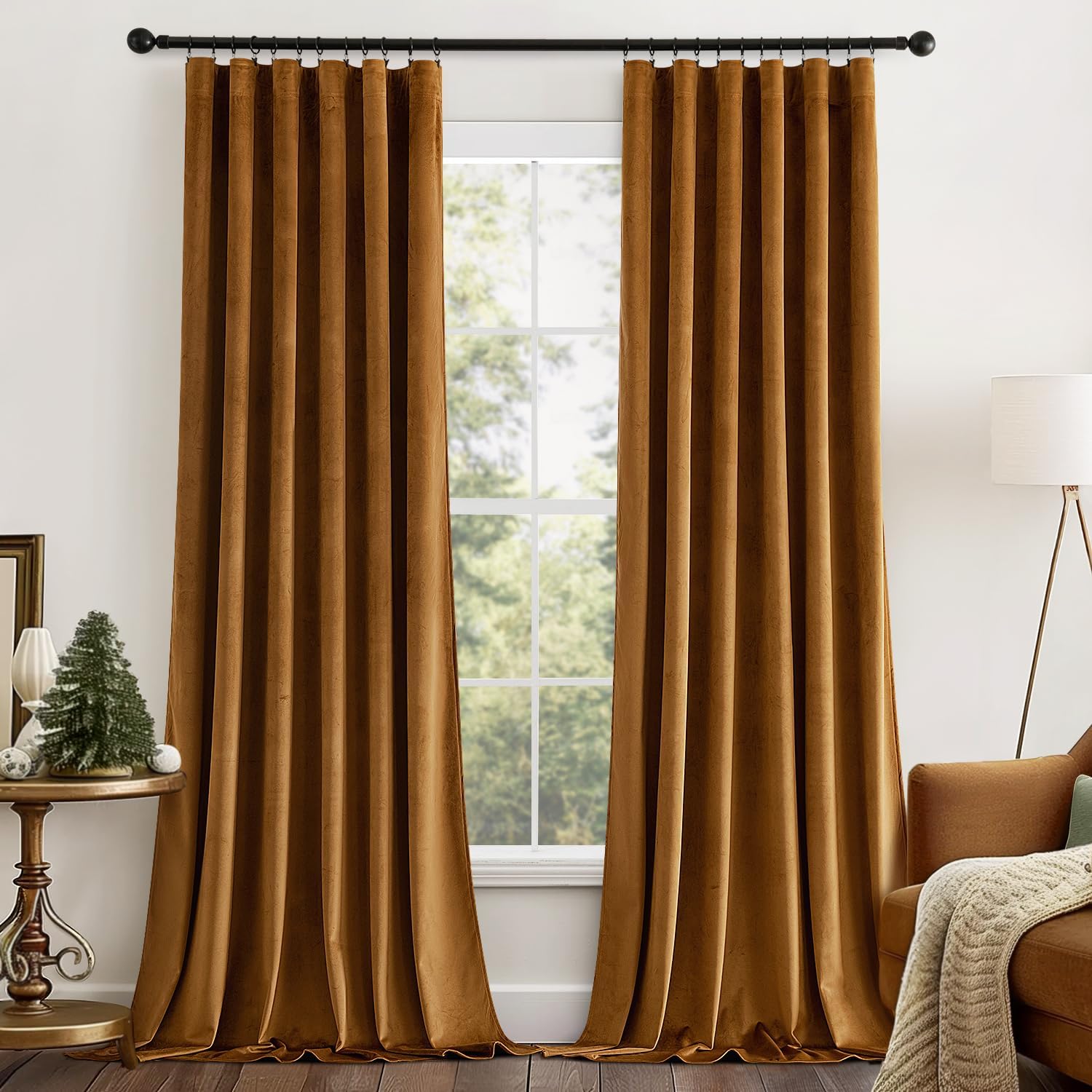 MIULEE Gold Brown Velvet Curtains 84 inches Long 2 Panels - Luxury Pinch Pleated Room Darkening