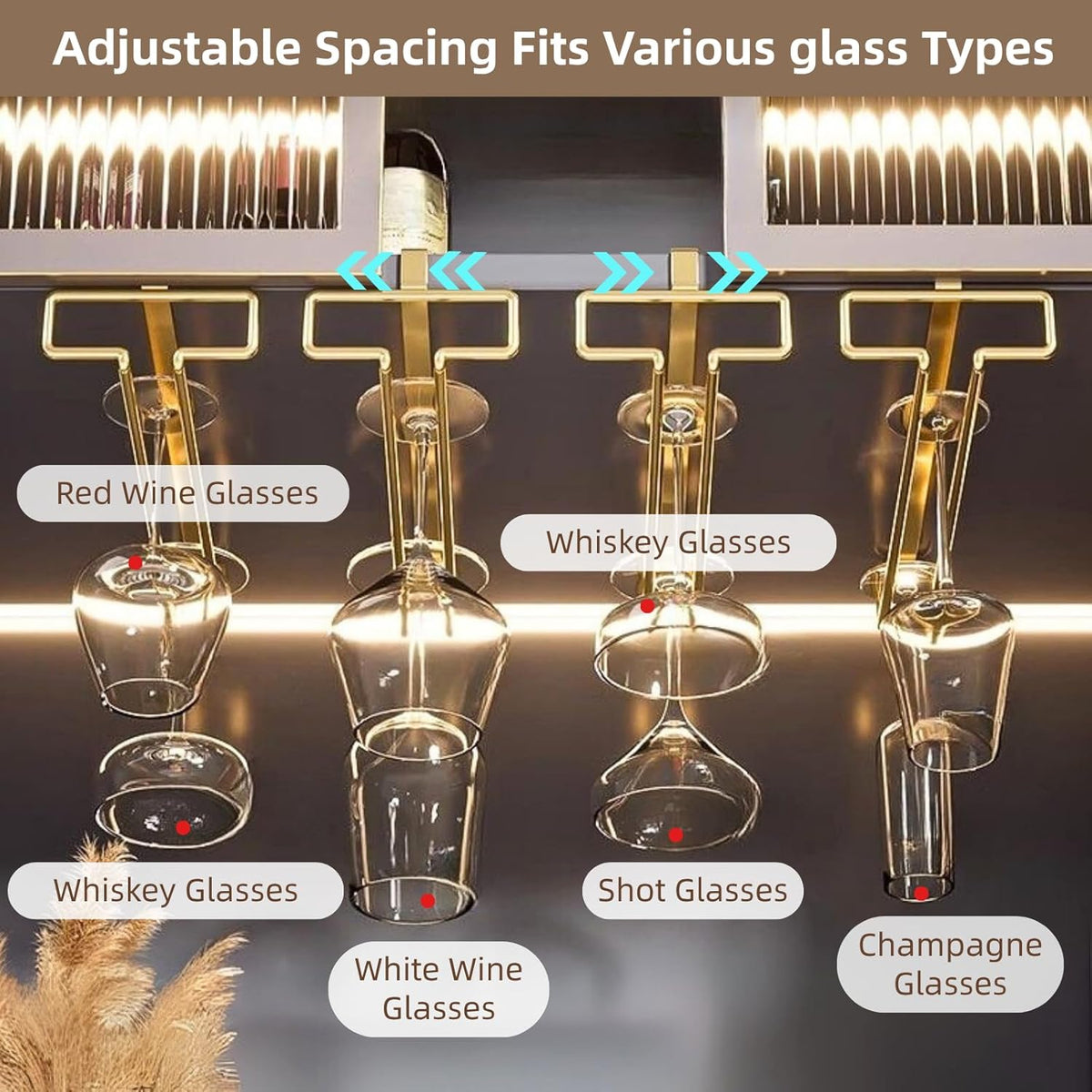 LINFIDITE Gold Under Cabinet Wine Glass Holder, 2 Pack, Space Saving, Easy Installation, Anti-Skid