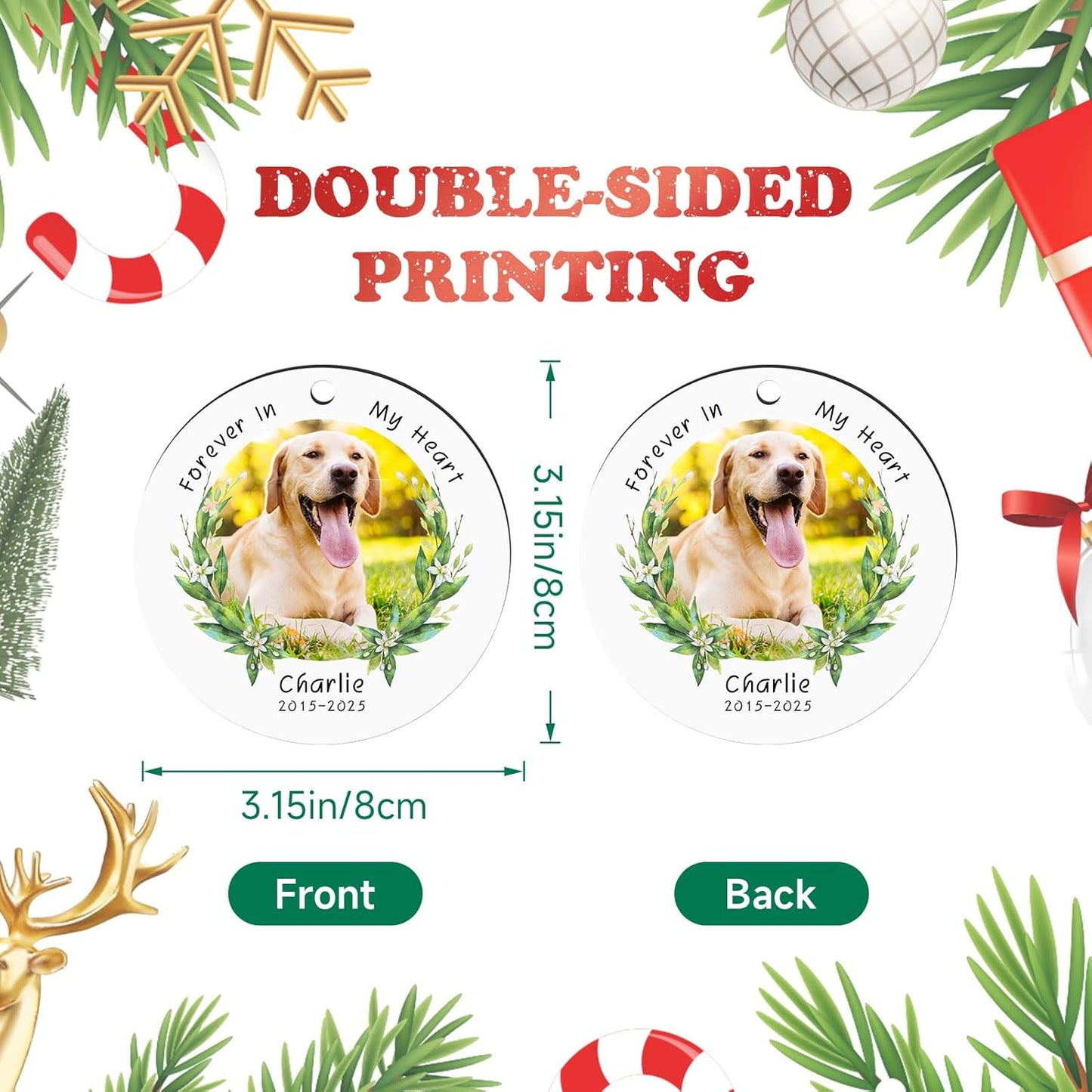Personalized Pet Memorial Gifts, Forever in Our Hearts Photo Ornaments for Christmas Tree, Sympathy