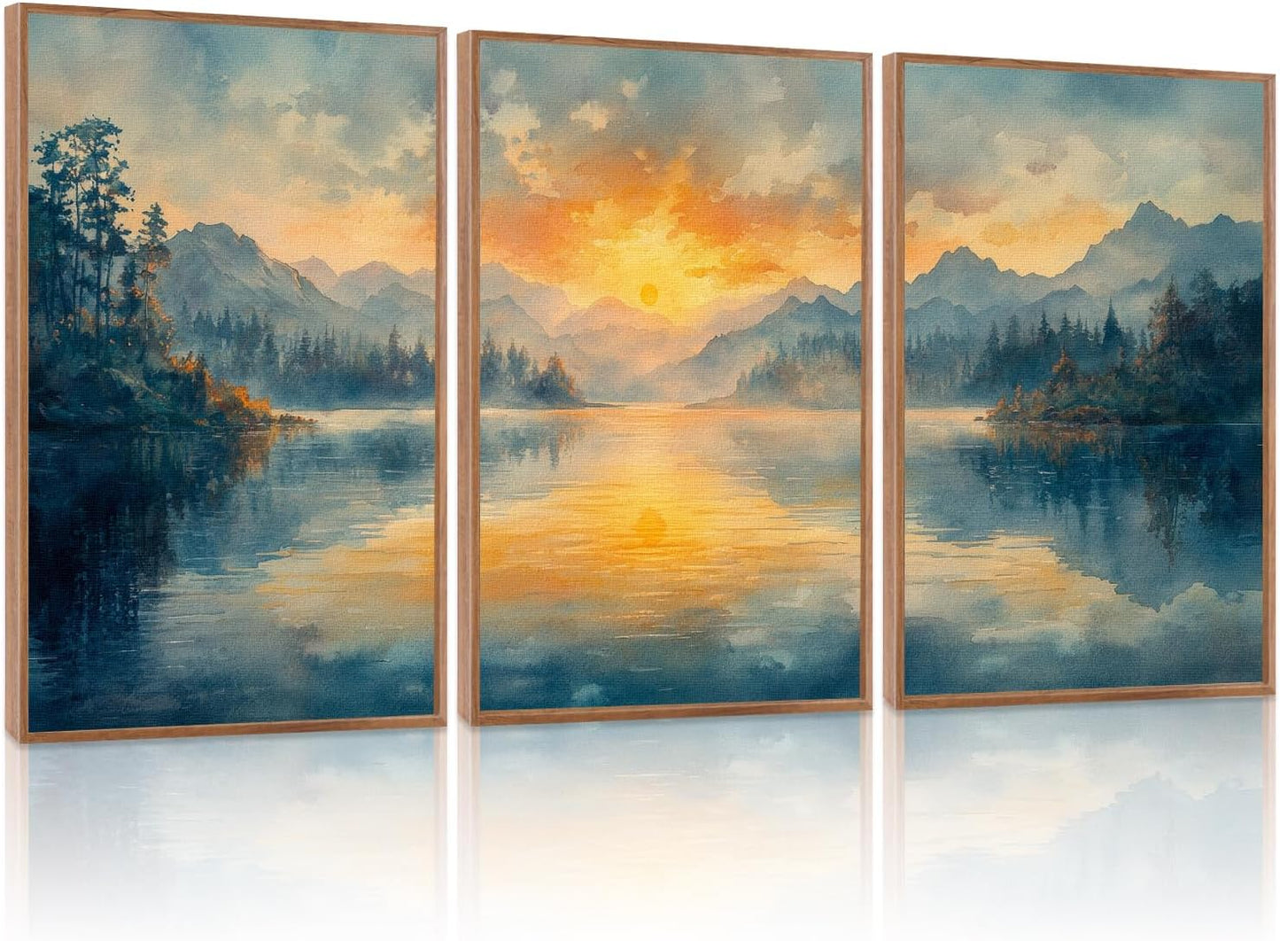 KAlRNE Sunset Mountain Canvas Wall Art,Abstract Scenery Wall Painting,Blue Landscape Lake