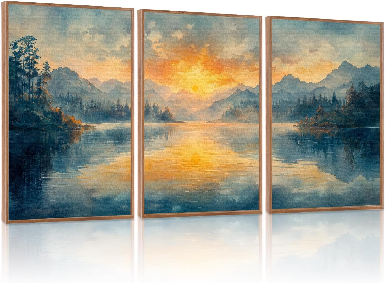KAlRNE Sunset Mountain Canvas Wall Art,Abstract Scenery Wall Painting,Blue Landscape Lake