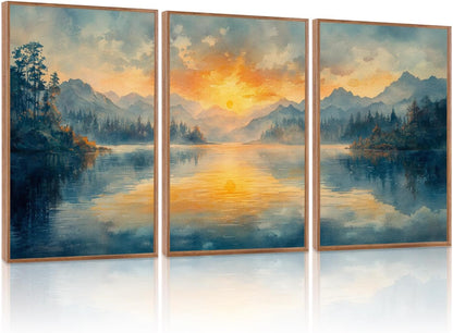 KAlRNE Sunset Mountain Canvas Wall Art,Abstract Scenery Wall Painting,Blue Landscape Lake