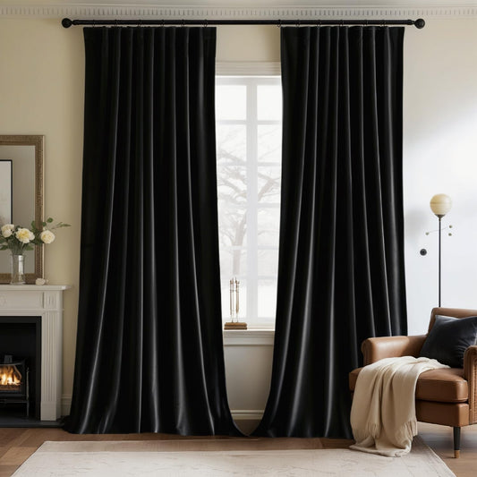 MIULEE Black Velvet Curtains 96 inches Long 2 Panels - Luxury Pinch Pleated Room Darkening Window