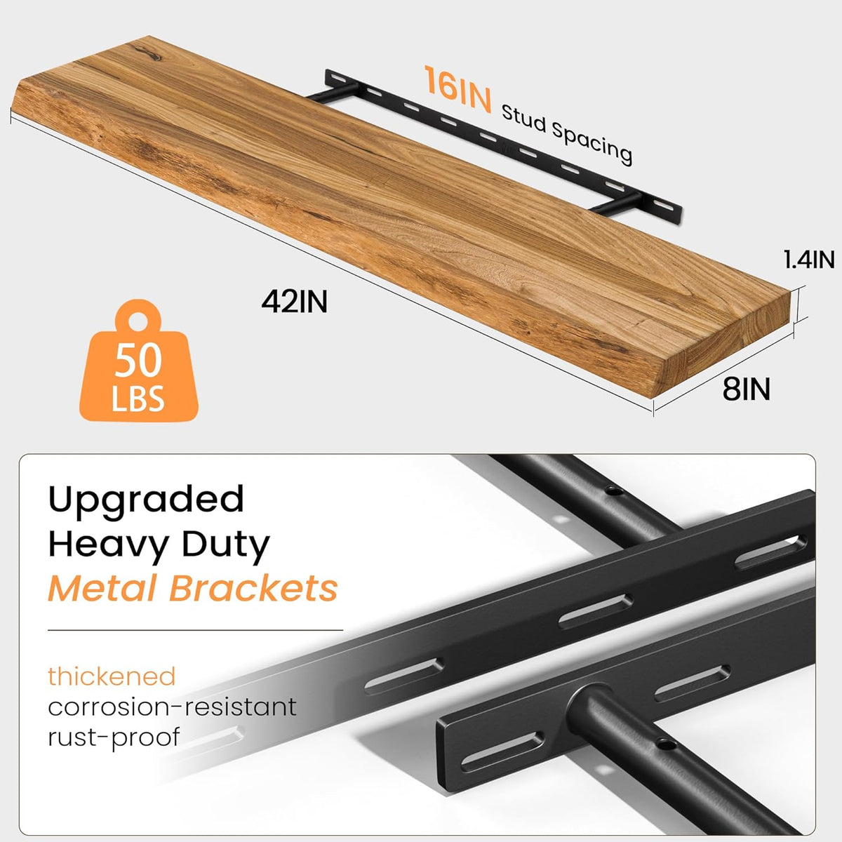 Floating Shelves for Wall, 42" Live Edge Solid Elm Wood Floating Shelf, Wall-Mounted Display