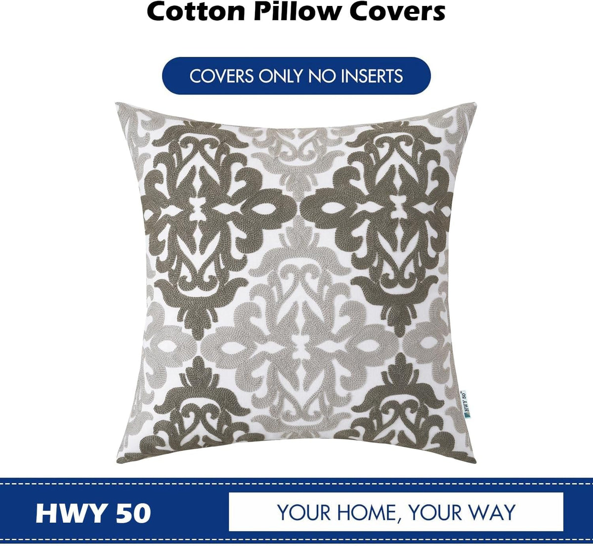 HWY 50 Grey Gray Decorative Throw Pillow Covers 18x18 Inch (1 Piece), Embroidered Cotton Farmhouse