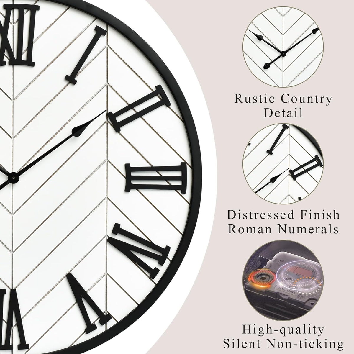 30 Inch Large Wall Clock Farmhouse Style - White Silent Non-Ticking Rustic Decor for Living Room