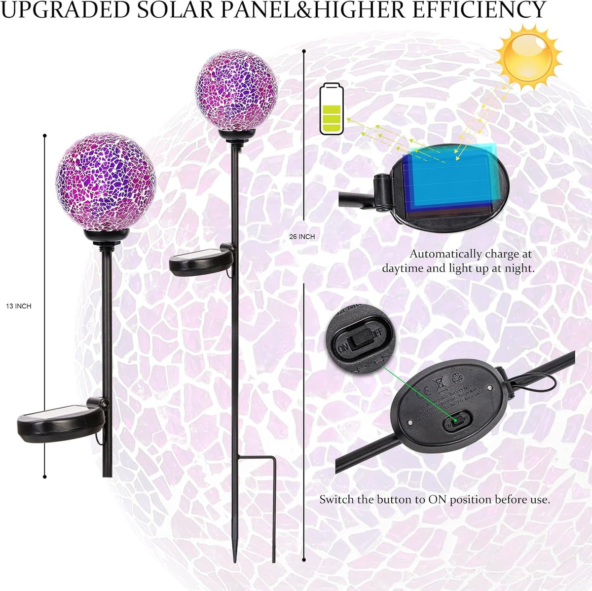 VCUTEKA Solar Garden Lights - Mosaic Solar Lights Outdoor Decor Pathway Light Waterpoof LED Stake