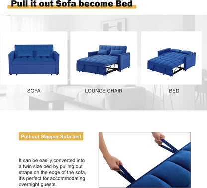 3 in 1 Sleeper Sofa Bed, Futon Sofa Bed for Living Room with Side Pocket, Blue Sleepers Sofas Couch