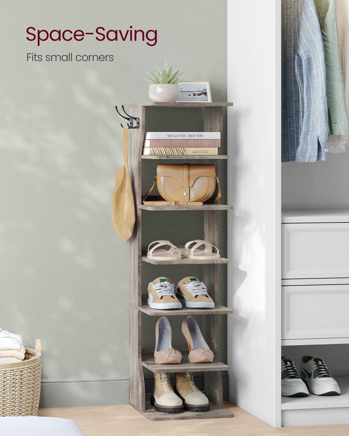 VASAGLE 7-Tier Vertical Shoe Rack, Narrow Shoe Storage Organizer with Hooks, Slim Corner Tower