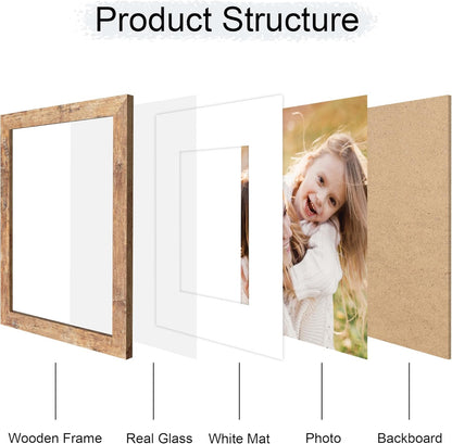 8x10 Picture Frame Set of 4, 8 x 10 Wood Photo Frames with Mat for 5x7, Natural Wooden Frame with
