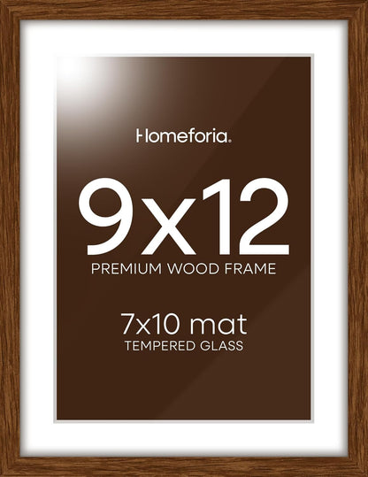 Homeforia 9x12 Picture Frame Brown, High End Dark Oak 9 x 12 Walnut Wooden Frames with Mat 7 by 10
