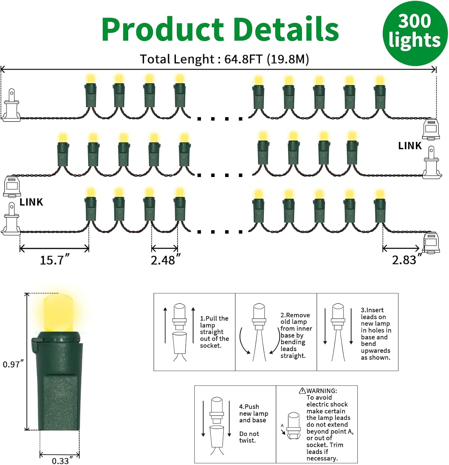 Yellow Wide Angle LED String Lights, 64.8 Ft 300 Count, Pack of 3 Strands 21.9 Ft 100 Lights UL