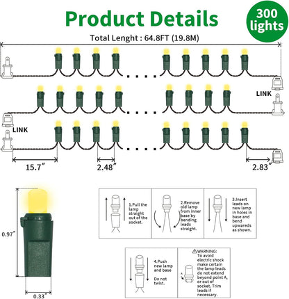Yellow Wide Angle LED String Lights, 64.8 Ft 300 Count, Pack of 3 Strands 21.9 Ft 100 Lights UL