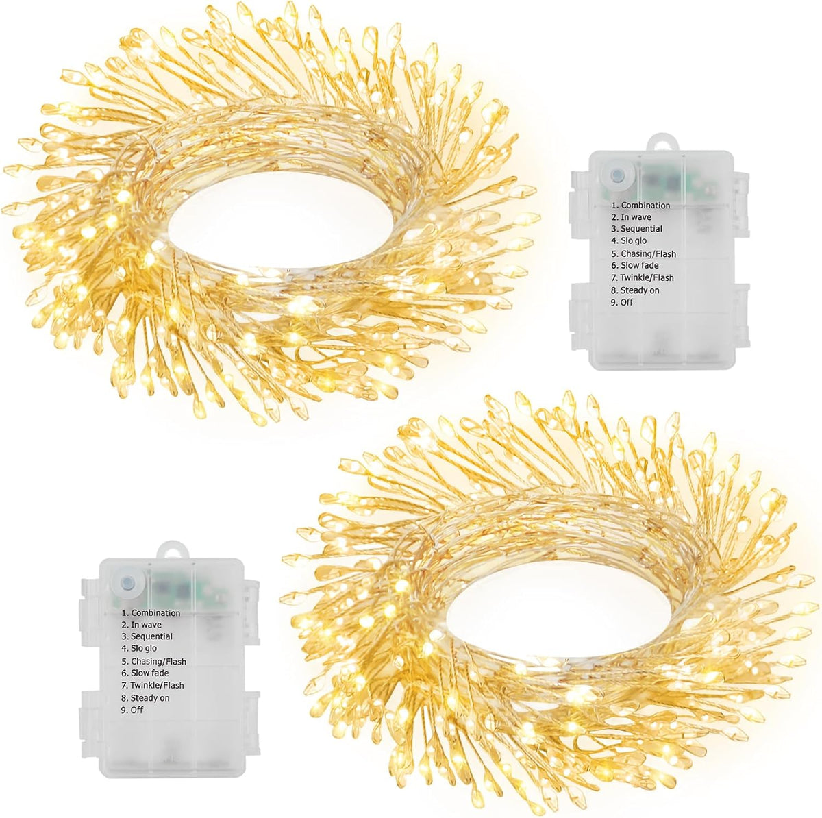 2 Pack Cluster Fairy Lights Battery Operated, Total 20Ft 400 LED Christmas String Lights with Timer