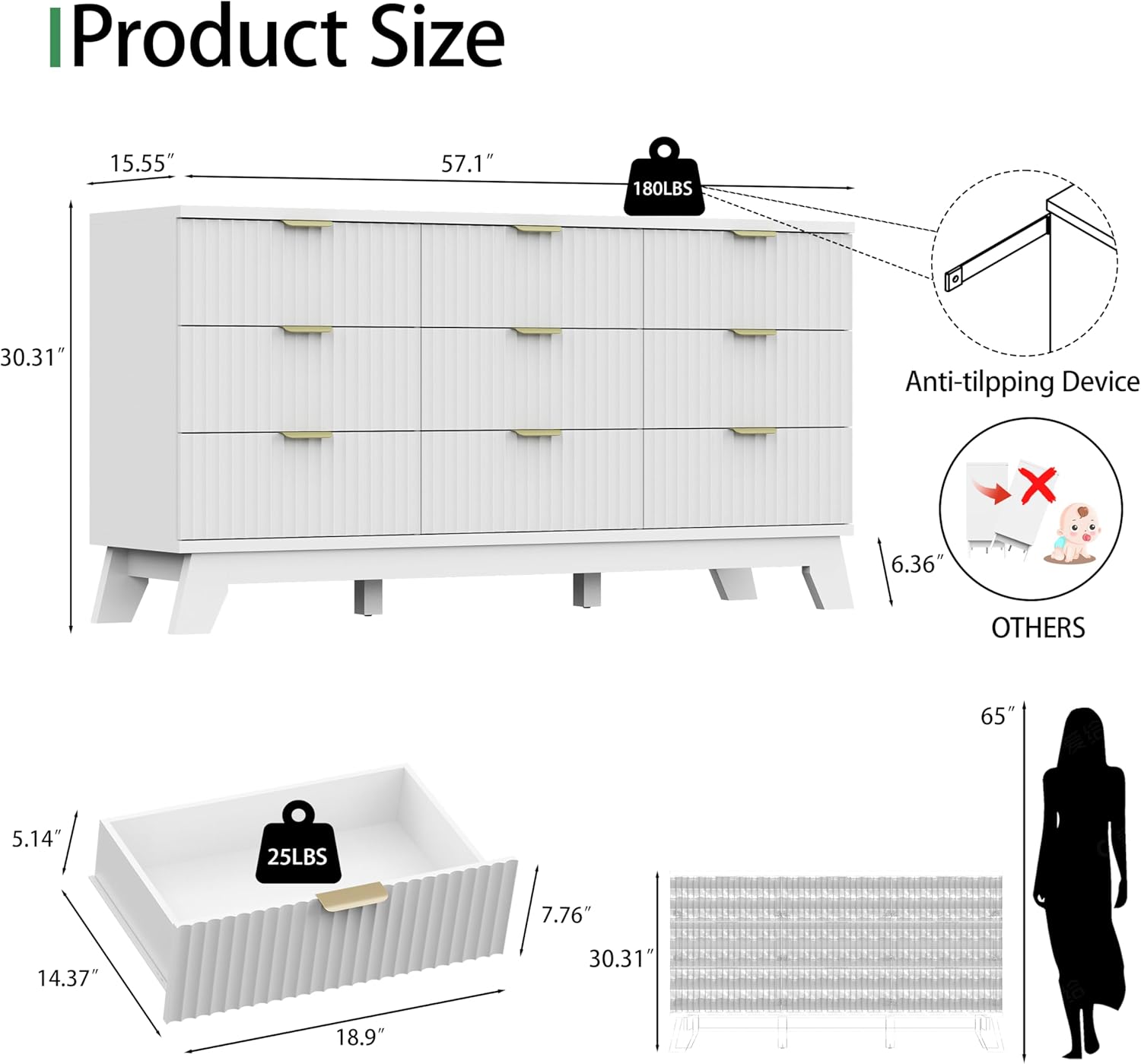Fluted Dresser for Bedroom with 9 Drawers, 57" Wide Modern Chest of Drawers with Metal Handle