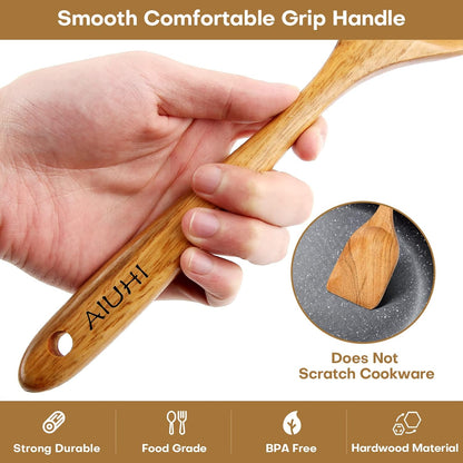 AIUHI Wood Spoons for Cooking, Nonstick Kitchen Utensil Set, Wooden Spoons Cooking Utensil Set Non