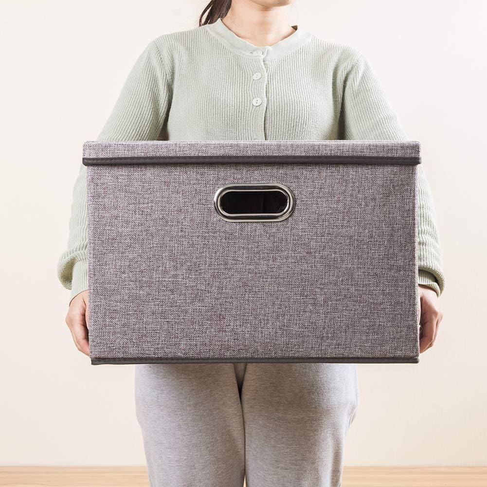 PRANDOM Large Foldable Storage Bin with Lid [1-Pack] Linen Fabric Decorative Storage Box Organizer