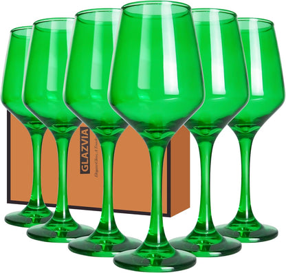 Green Wine Glasses Set of 6-12oz Green Long Stem Wine Glass Cups, Pretty Crystal Glassware, Hand