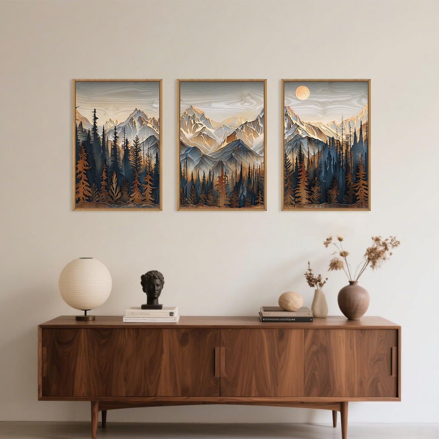 Celestdeco Wood Mountain Framed Canvas Wall Art Set, Pine Trees Wall Painting, Ridge Scenery Wall