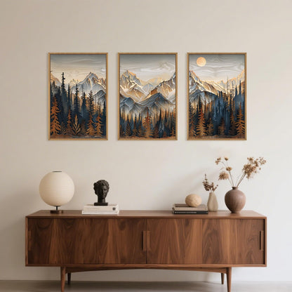 Wood Mountain Framed Canvas Wall Art Set, Pine Trees Wall Painting, Ridge Scenery Wall Decor