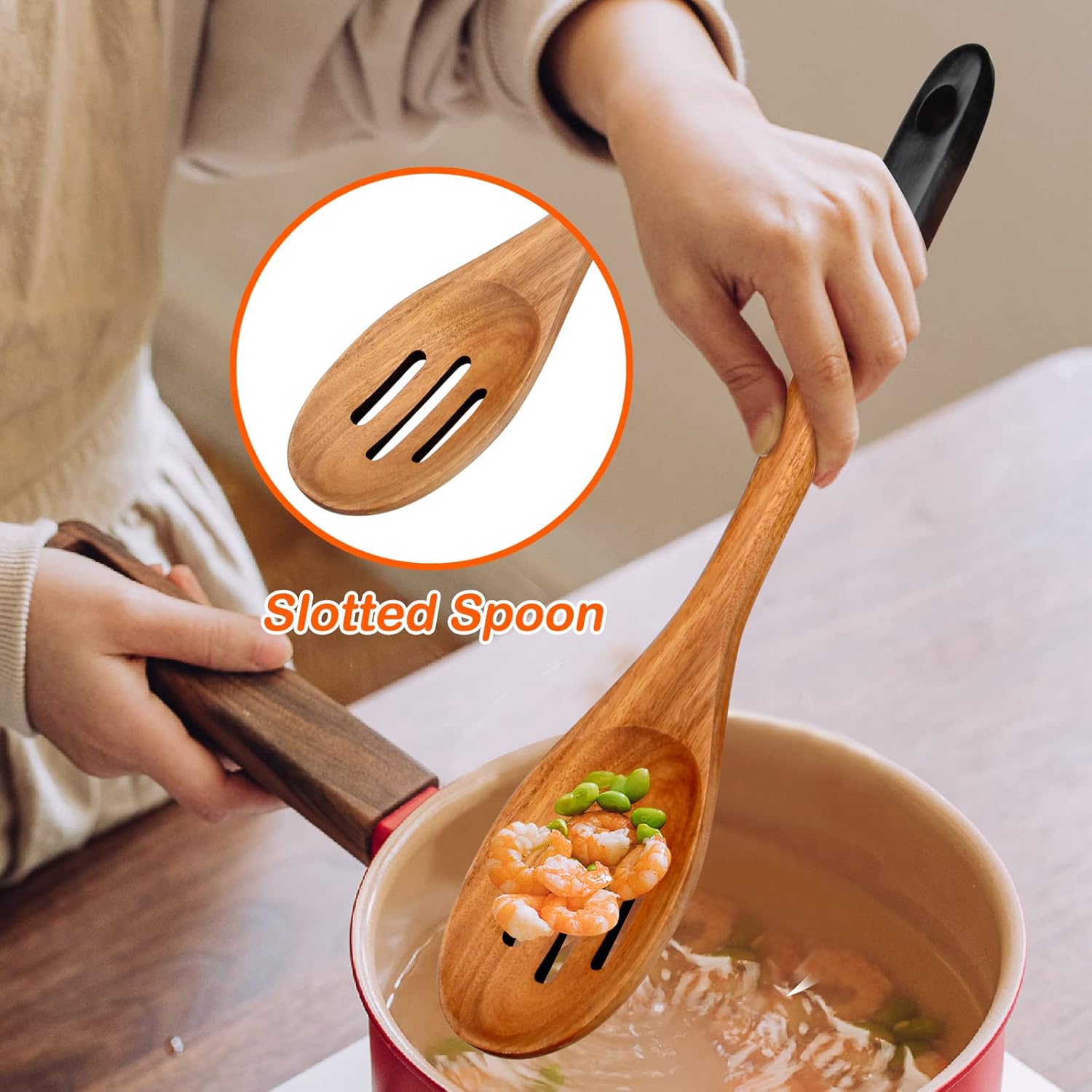 14 Inch Large Wooden Spoons for Cooking Utensils Set Acacia Wood Spatula Slotted Spoon Best Non