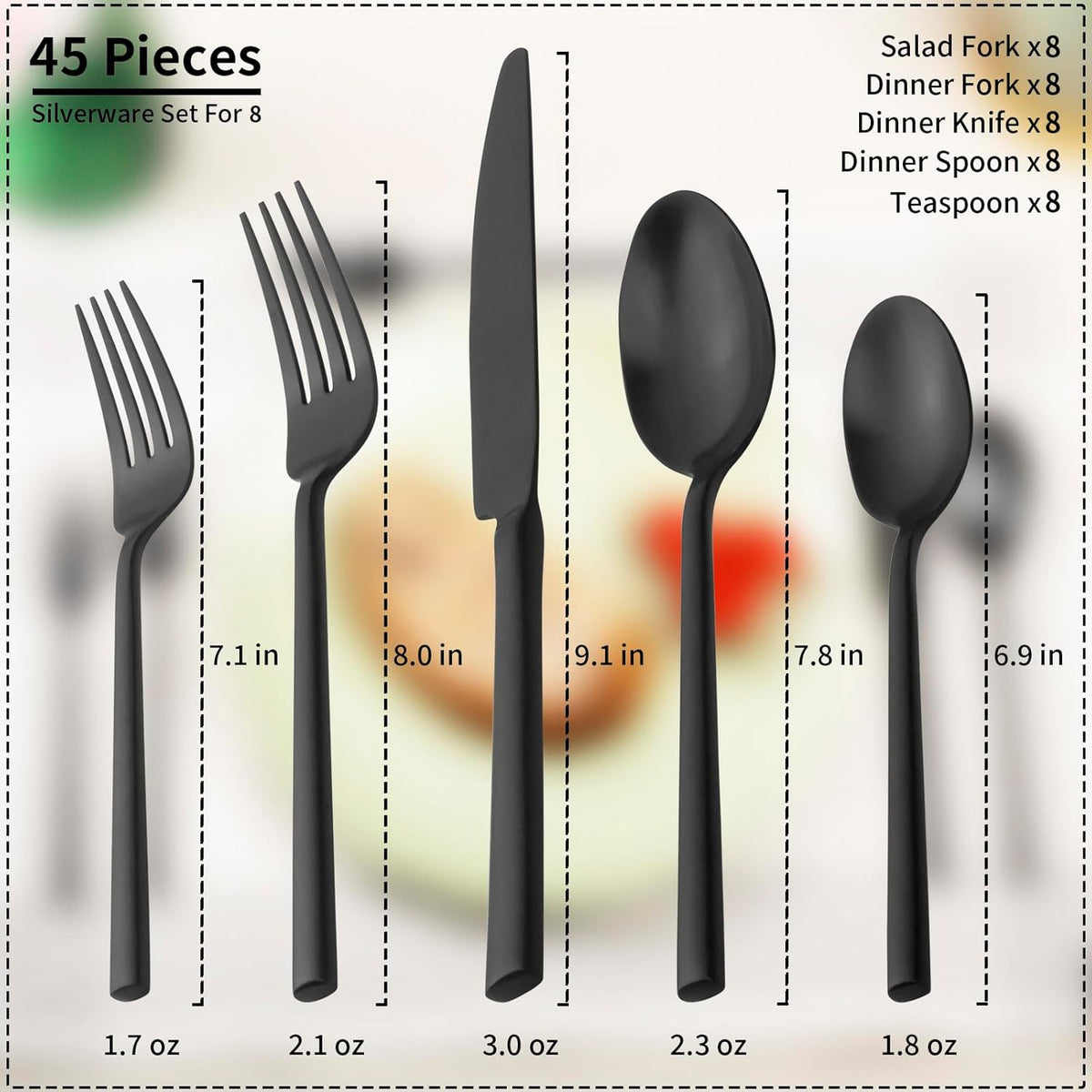 Alata Potter Black 45-Piece Forged Silverware Set with Utensil-Serving Set, Service for 8