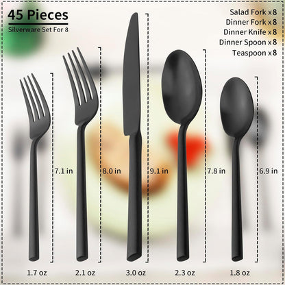 Alata Potter Black 45-Piece Forged Silverware Set with Utensil-Serving Set, Service for 8