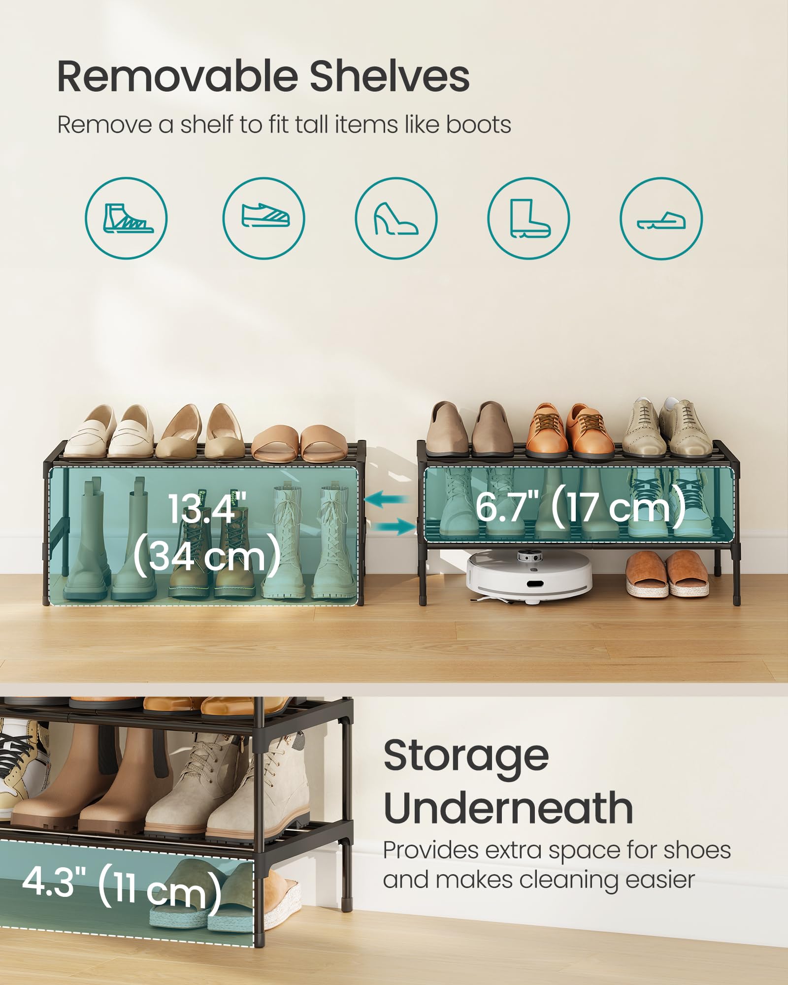 SONGMICS 2-Tier Shoe Rack, Stackable Compact Metal Shoe Storage Organizer