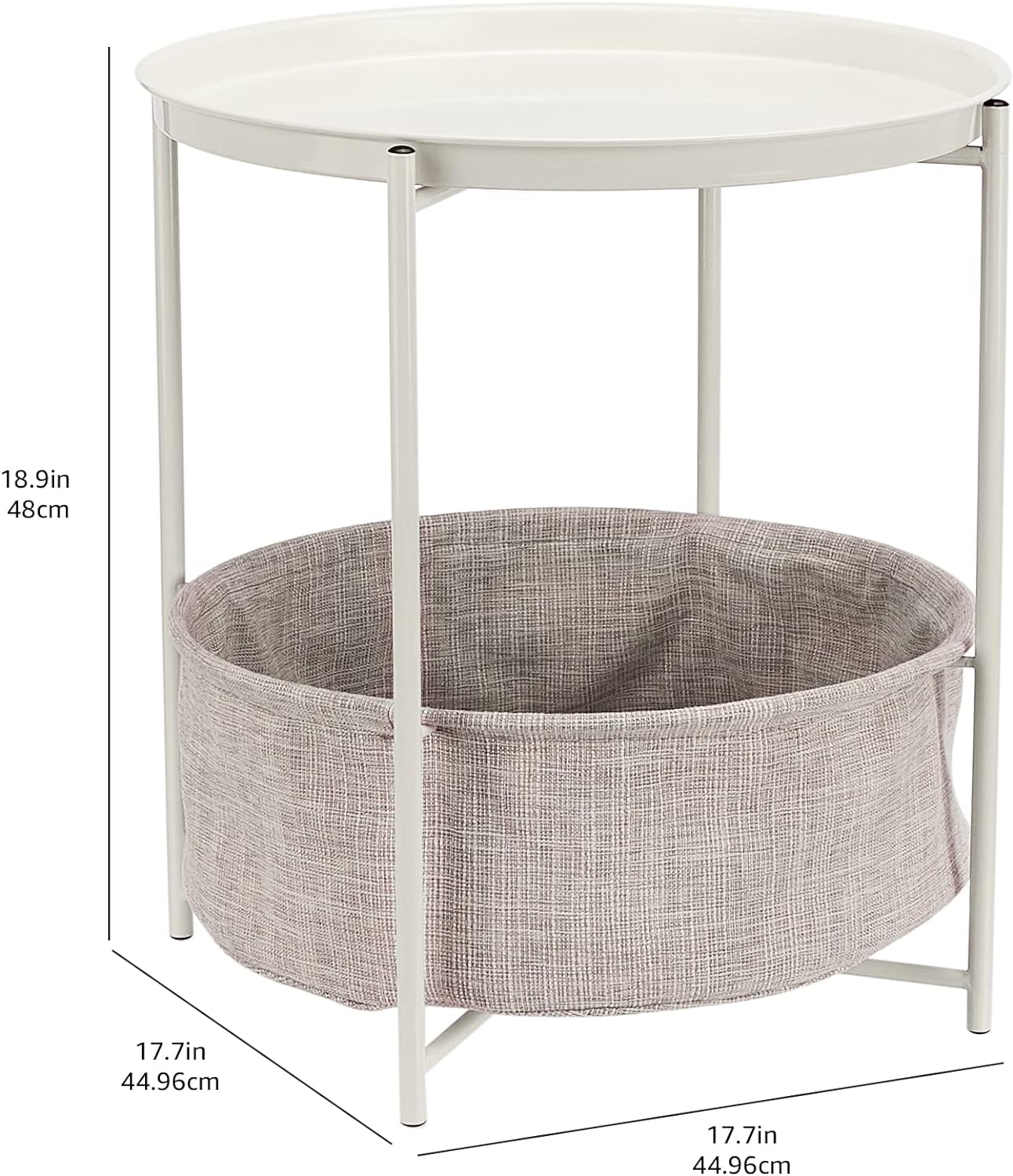 Amazon Basics Round Storage End Table, Side Table with Cloth Basket, White/Heather Gray, 17.7"L x