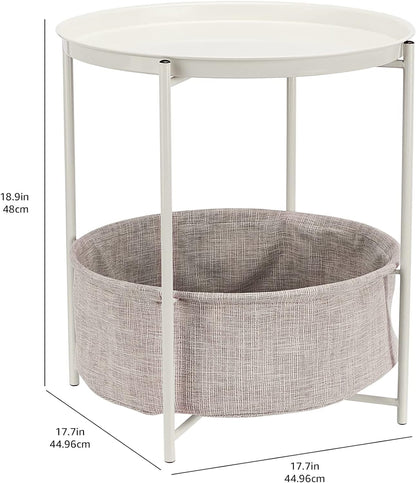 Amazon Basics Round Storage End Table, Side Table with Cloth Basket, White/Heather Gray, 17.7"L x
